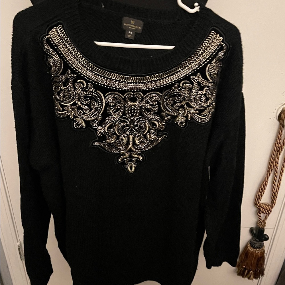 White House Black Market Black Sweater with Gold Embellished Neckline